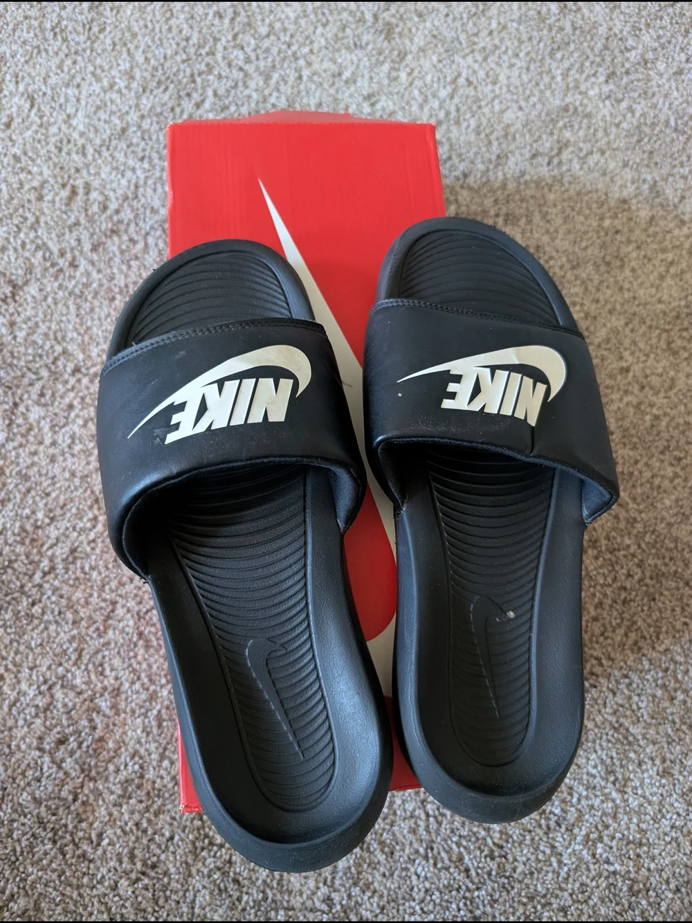 Nike Men's Black Slide Sandals with White Logo Size 9